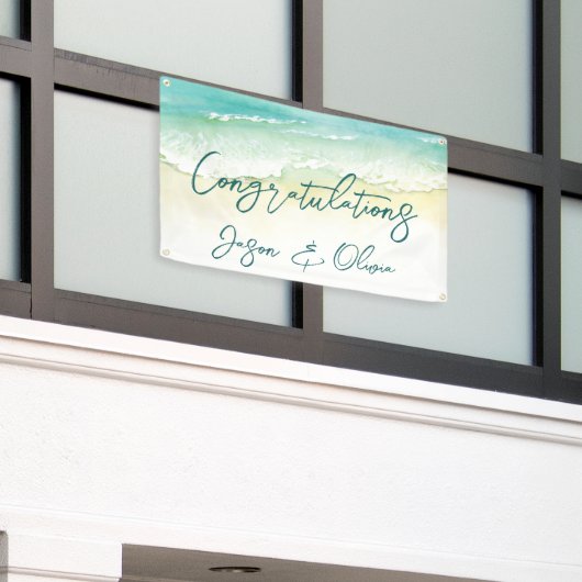 熱帯エレガントビーチ結婚式おめでとう 横断幕 (ビルの外側)