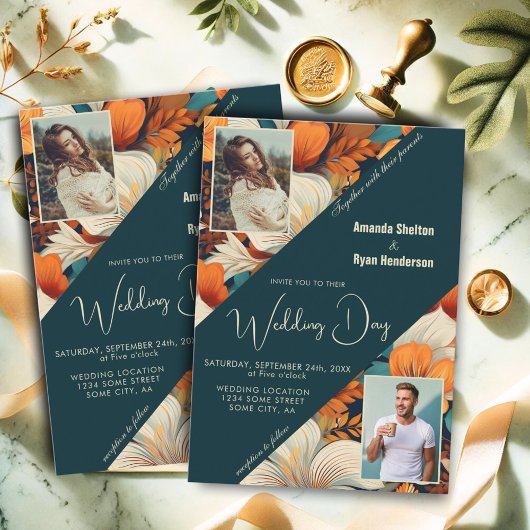 熱帯エレガントフローラフラワー2フォト結婚ズ 招待状