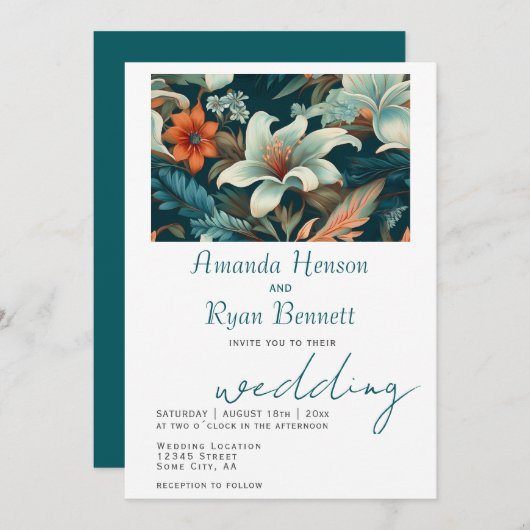 熱帯エレガントフローラ植物性デザイン結婚ズ 招待状 (正面/裏面)