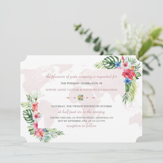 熱帯エレガントフローラ金ゴールドワールドマ結婚ップ 招待状 (スタンド正面)