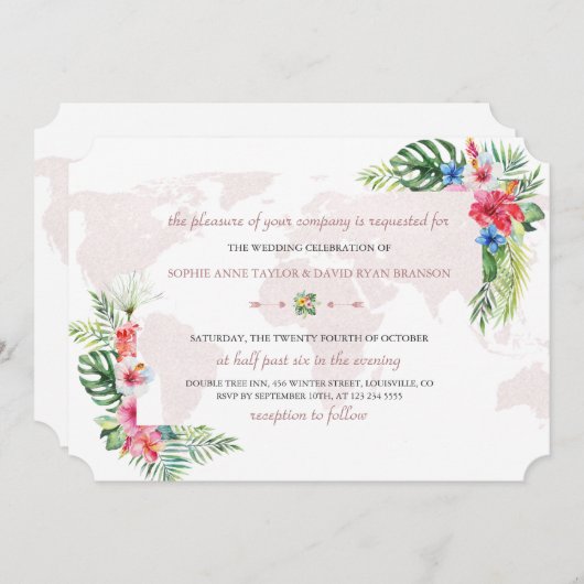 熱帯エレガントフローラ金ゴールドワールドマ結婚ップ 招待状 (正面/裏面)