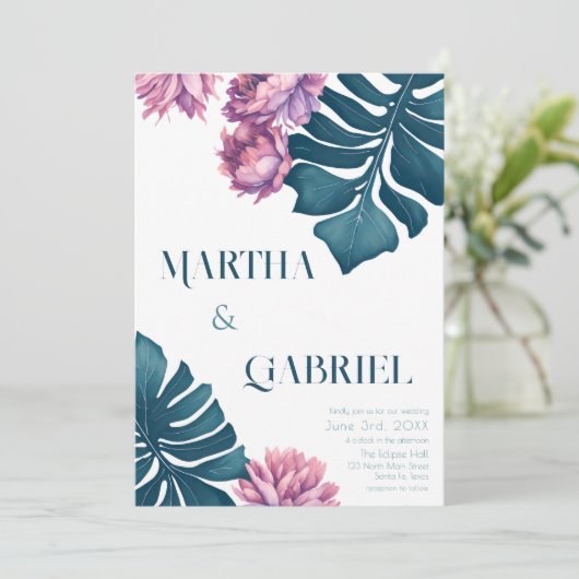 熱帯エレガント夏モンステラフローラ結婚ズ 招待状 (スタンド正面)