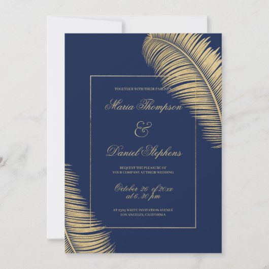 熱帯エレガント海軍の青い金ゴールドの結婚葉 招待状 (正面)