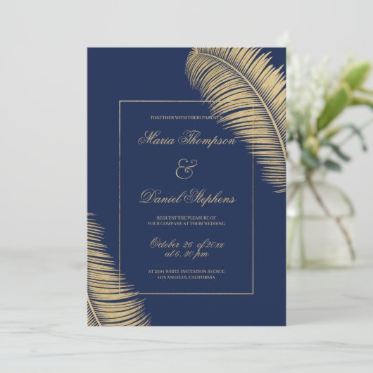 熱帯エレガント海軍の青い金ゴールドの結婚葉 招待状 (スタンド正面)