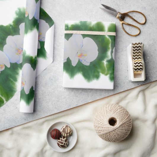 熱帯エレガント白い水の色のラン絵画ド ラッピングペーパー (クラフト)