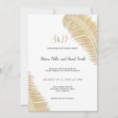 熱帯エレガント白と金ゴールド葉結婚の 招待状 (正面)