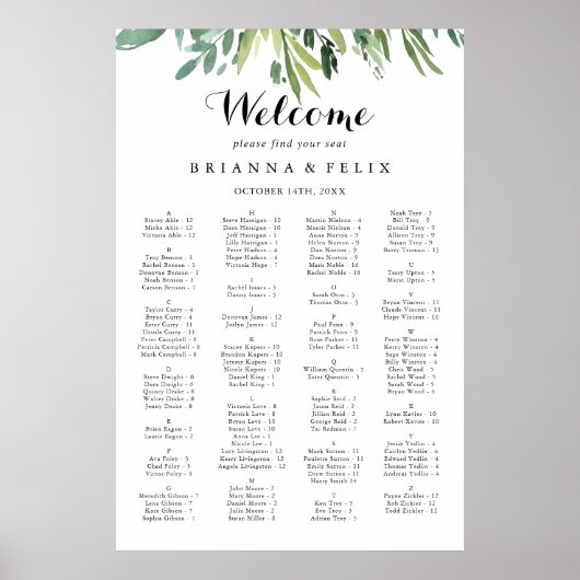 熱帯エレガント緑アルファベット座席表 ポスター (正面)