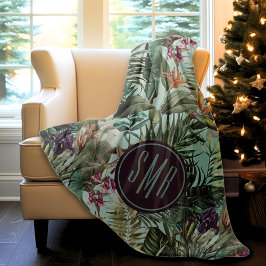 熱帯エレガント緑葉フローラ水彩 フリースブランケット