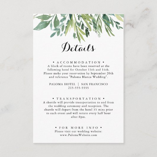 熱帯エレガント緑葉結婚詳細 エンクロージャーカード (正面)