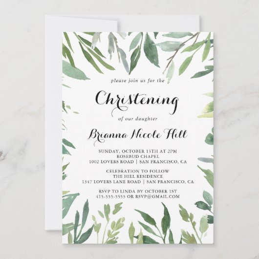 熱帯エレガント緑葉《キリスト教》洗礼式や命名式 招待状 (正面)