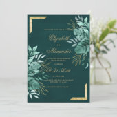 熱帯エレガント緑金ゴールドグリッター結婚フローラ 招待状 (スタンド正面)