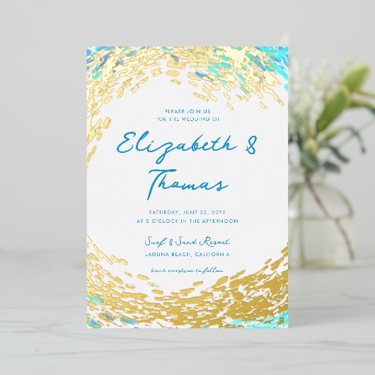 熱帯エレガント金ゴールドサーファー波ビーチ結婚式 箔招待状 (立ち正面)