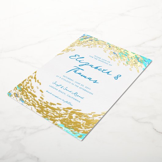 熱帯エレガント金ゴールドサーファー波ビーチ結婚式 箔招待状 (回転した状態)
