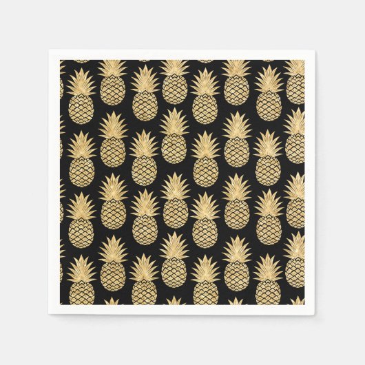 熱帯エレガント黒と金ゴールドパイナップルパターン スタンダードカクテルナプキン (正面)
