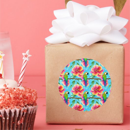 熱帯オウムと花の模様 ラウンドシール (パーティー)