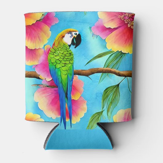熱帯オウムと花の模様 缶クーラー (正面)