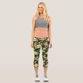 熱帯オレンジと緑の花の花柄 カプリレギンス (正面)