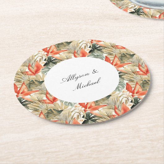 熱帯オレンジアンスリウム結婚フローラ ラウンドペーパーコースター (アングル)