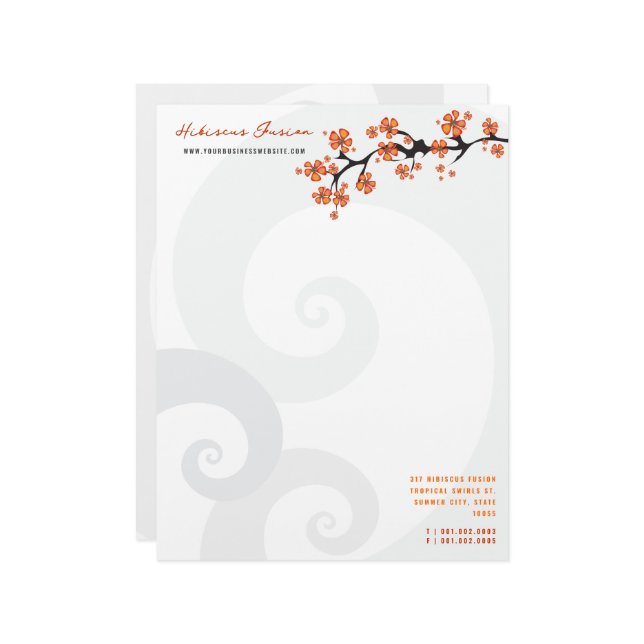 熱帯オレンジハイビスカスフラワー融合グレーの渦巻き レターヘッド (正面/裏面インサイチュ)