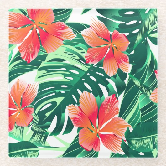 熱帯オレンジハイビスカス ガラスコースター (正面)