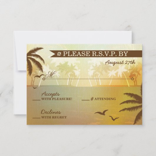 熱帯オレンジ景色のビーチ結婚式RSVP 出欠カード (正面)