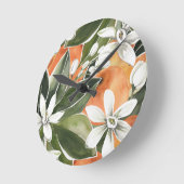 熱帯オレンジ&フラワーズ水彩模様 ラウンド壁時計 (傾斜)