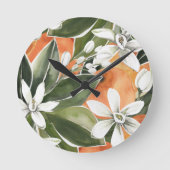 熱帯オレンジ&フラワーズ水彩模様 ラウンド壁時計 (正面)