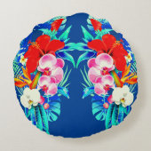 熱帯オーキッ葉プハワイアンフローラブルー ラウンドクッション (裏面)