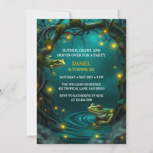 熱帯カエルのトカゲの子供たち爬虫類誕生日パーティー 招待状 (正面)