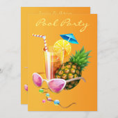 熱帯カクテルのプールを囲んでのパーティ 招待状 (正面/裏面)