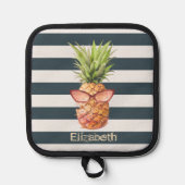 熱帯カッコいいパイナップル海軍ブルーストライプ 鍋敷き (正面)