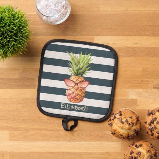 熱帯カッコいいパイナップル海軍ブルーストライプ 鍋敷き (トップダウン)
