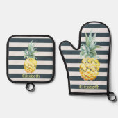 熱帯カッコいい金ゴールドパイナップル海軍ブルーストライプズ 鍋つかみ&鍋敷きセット (正面)