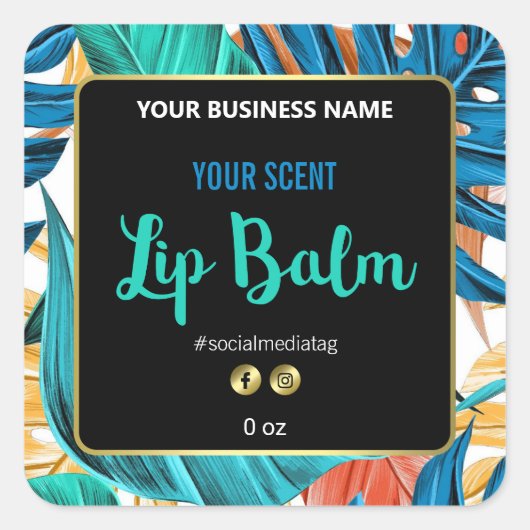熱帯カラフルで黒いリップバールラベル スクエアシール (正面)