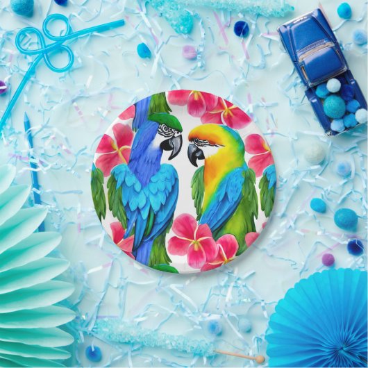 熱帯カラフルの花が咲くオウム ペーパープレート (パーティー)