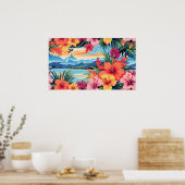 熱帯カラフルの花と風景 ポスター (キッチン)
