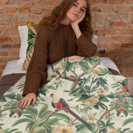 熱帯カラフルの花鳥 フリースブランケット