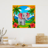 熱帯カラフルの風景の中の漫画の象 ポスター (キッチン)