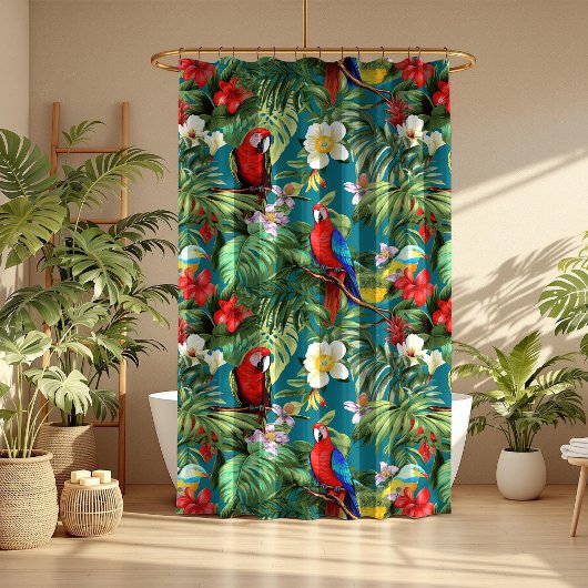 熱帯カラフルの鳥花の葉 シャワーカーテン