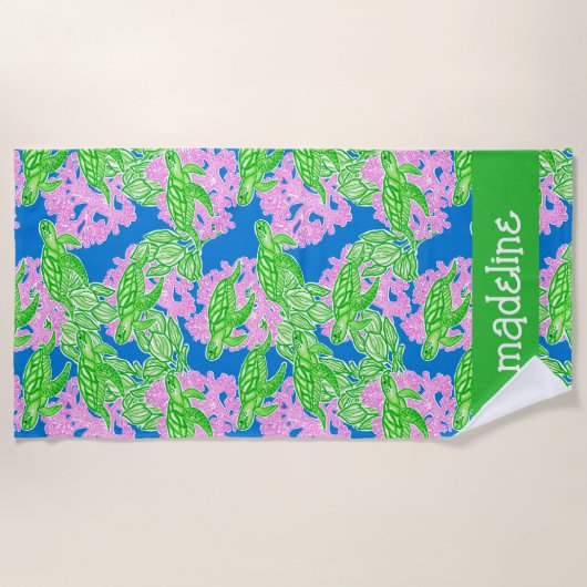 熱帯カラフルウミガメのパタパーソナライズされたーン ビーチタオル (正面)