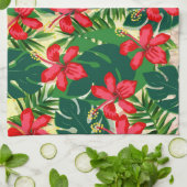 熱帯カラフルジャングルハイビスカス赤と緑 キッチンタオル (折り畳み)