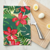 熱帯カラフルジャングルハイビスカス赤と緑 キッチンタオル (四つ折り)