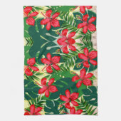 熱帯カラフルジャングルハイビスカス赤と緑 キッチンタオル (縦)