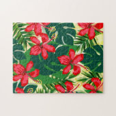 熱帯カラフルジャングルハイビスカス赤と緑 ジグソーパズル (横)