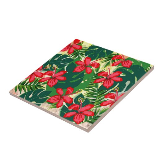 熱帯カラフルジャングルハイビスカス赤と緑 タイル (側面)