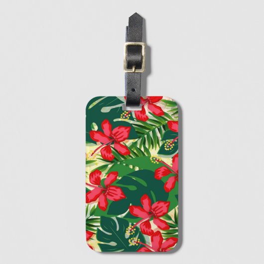 熱帯カラフルジャングルハイビスカス赤と緑 ラゲッジタグ (正面縦)