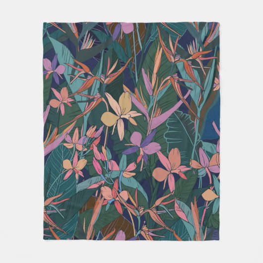 熱帯カラフルジャン葉グルと花の手d フリースブランケット (正面)
