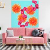 熱帯カラフルターコイズオレンジピンクの花 キャンバスプリント (インサイチュ (リビング))