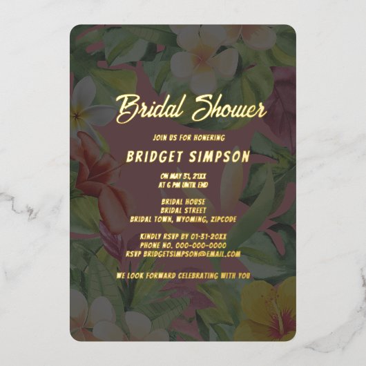 熱帯カラフルハイビスカスハワイアンサマーブライダル 箔招待状 (正面)