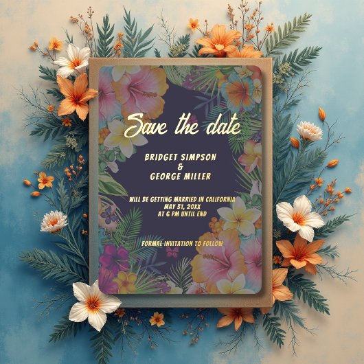 熱帯カラフルハイビスカスハワイア結婚サマー 箔招待状